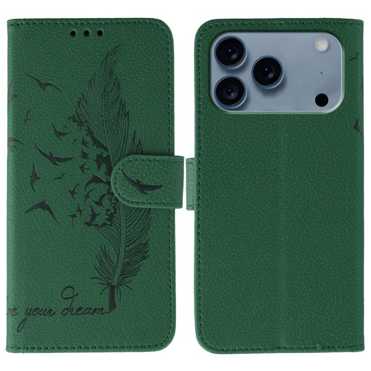 For iPhone 17 Pro Max Feather Pattern Litchi Texture Leather Phone Case(Green)