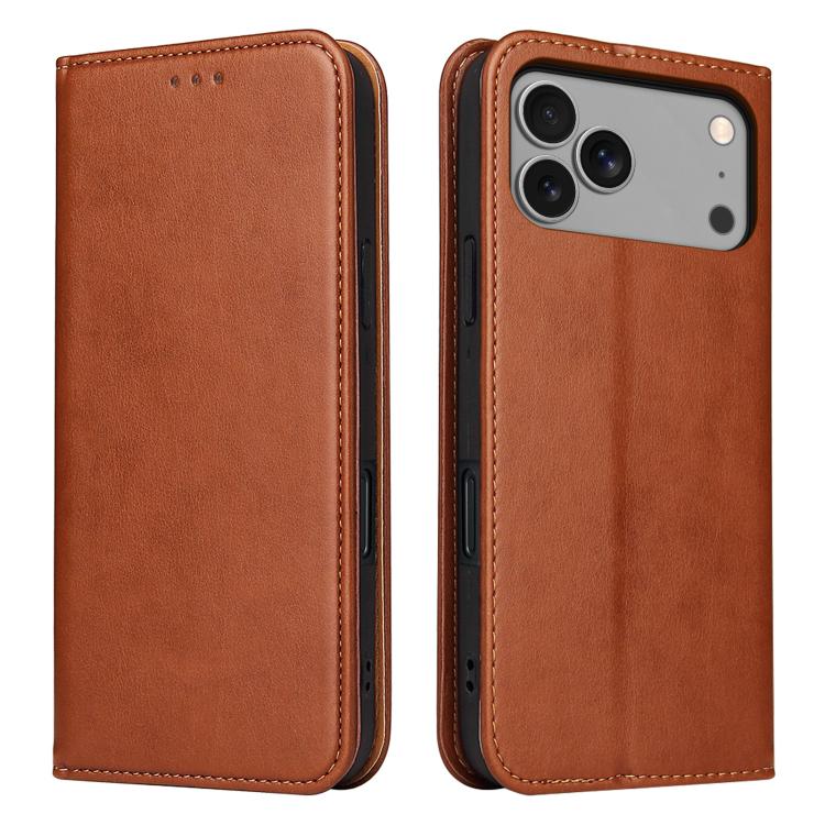 For iPhone 17 Pro Max Fierre Shann PU Genuine Leather Texture Phone Case(Brown)