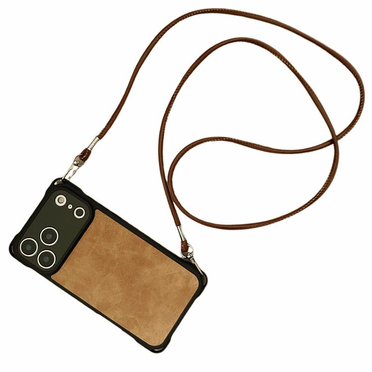 For iPhone 17 Pro Max Fine Hole Faux Leather Shockproof Phone Case with Crossbody PU Strap(Brown)