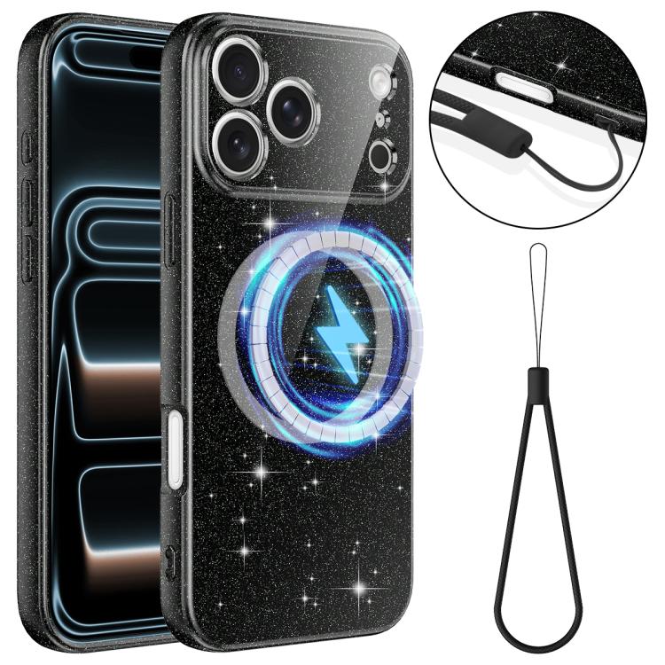 For iPhone 17 Pro Max Fine Hole Glossy Glitter Magnetic TPU Phone Case with Same Color Hand Strap(Black)