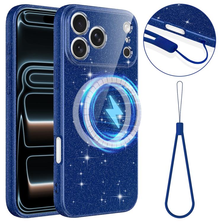 For iPhone 17 Pro Max Fine Hole Glossy Glitter Magnetic TPU Phone Case with Same Color Hand Strap(Blue)