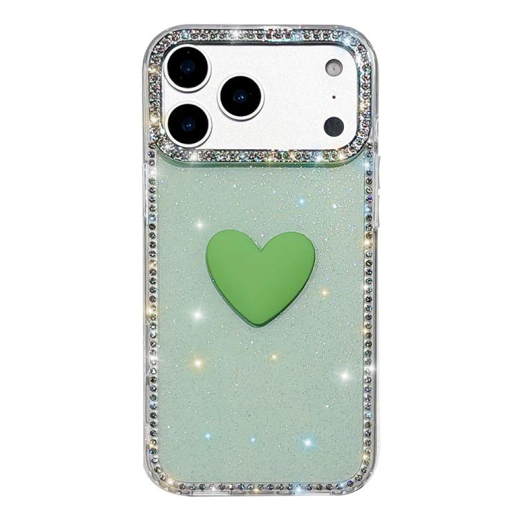 For iPhone 17 Pro Max Flash Rhinestone Double-sided IMD Love Heart Phone Case(Glitter Green)
