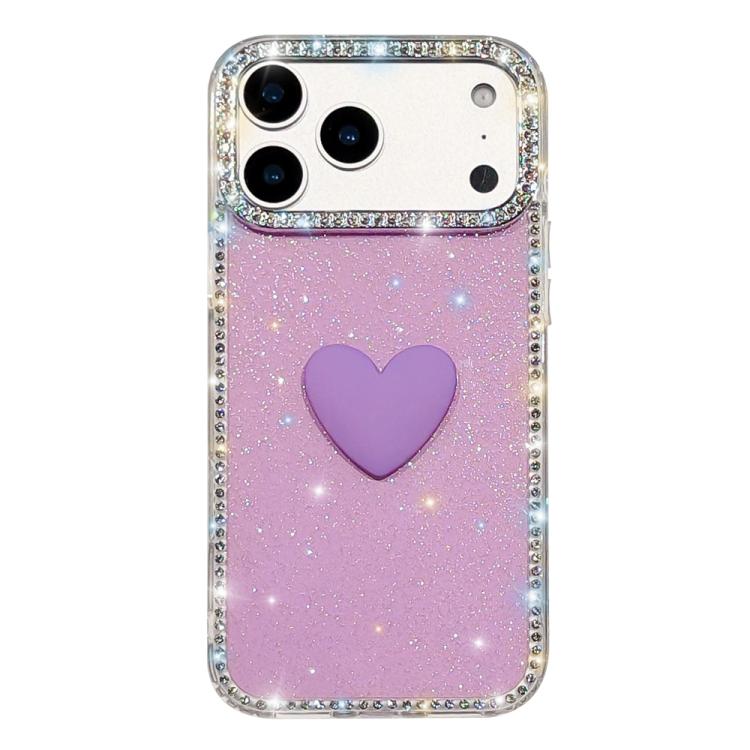 For iPhone 17 Pro Max Flash Rhinestone Double-sided IMD Love Heart Phone Case(Glitter Purple)