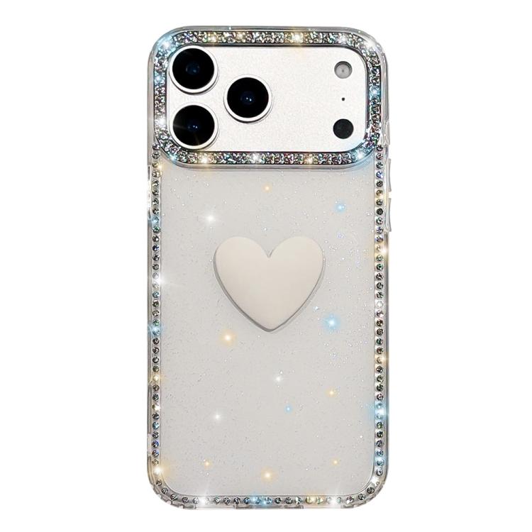 For iPhone 17 Pro Max Flash Rhinestone Double-sided IMD Love Heart Phone Case(Glitter White)