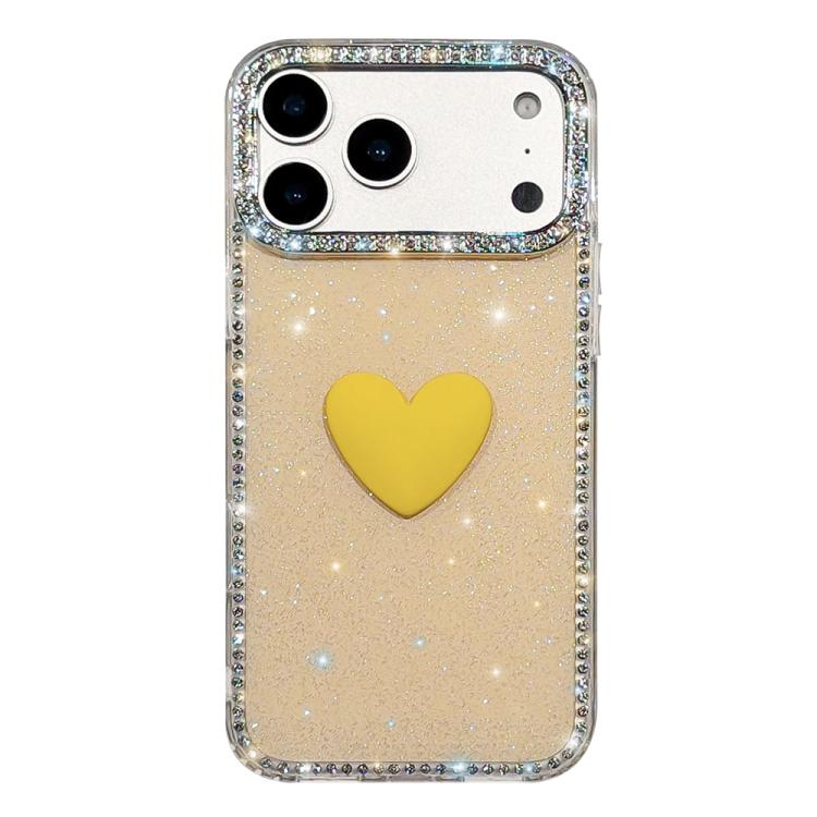 For iPhone 17 Pro Max Flash Rhinestone Double-sided IMD Love Heart Phone Case(Glitter Yellow)