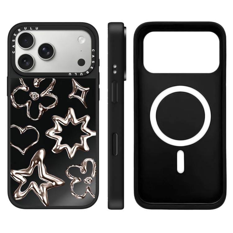 For iPhone 17 Pro Max Floating Man Series Pattern Mirror Magnetic Phone Case(Flowers Black)
