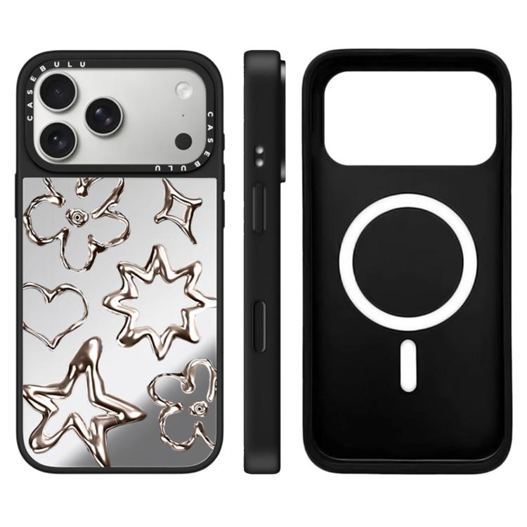 For iPhone 17 Pro Max Floating Man Series Pattern Mirror Magnetic Phone Case(Flowers Silver)