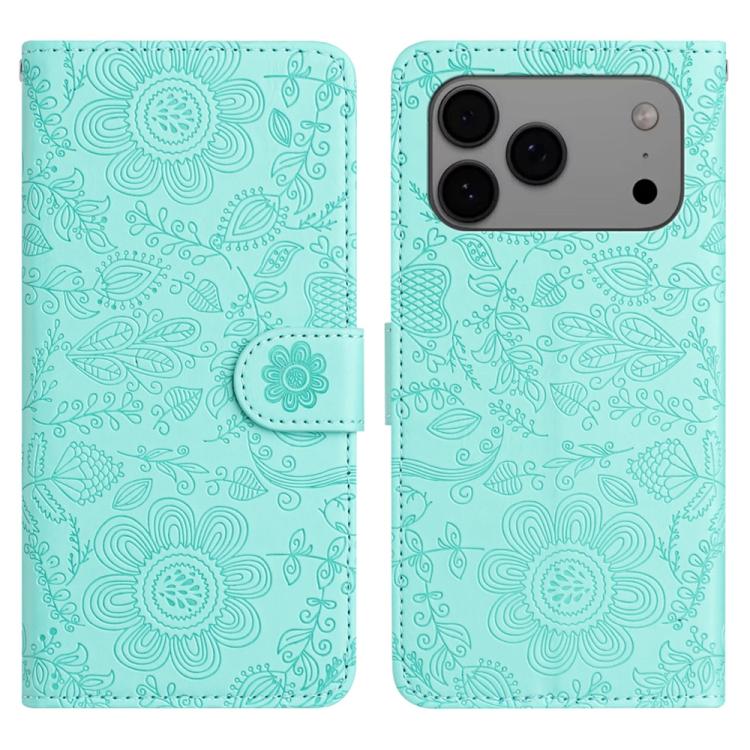 For iPhone 17 Pro Max Floral Embossed Pattern Leather Phone Case(Light Green)