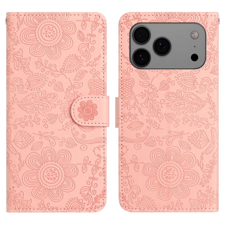 For iPhone 17 Pro Max Floral Embossed Pattern Leather Phone Case(Pink)