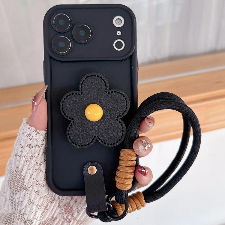 For iPhone 17 Pro Max Floral Holder TPU Phone Case with PU Buckle Lanyard(Black)