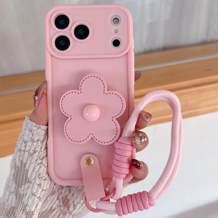 For iPhone 17 Pro Max Floral Holder TPU Phone Case with PU Buckle Lanyard(Pink)