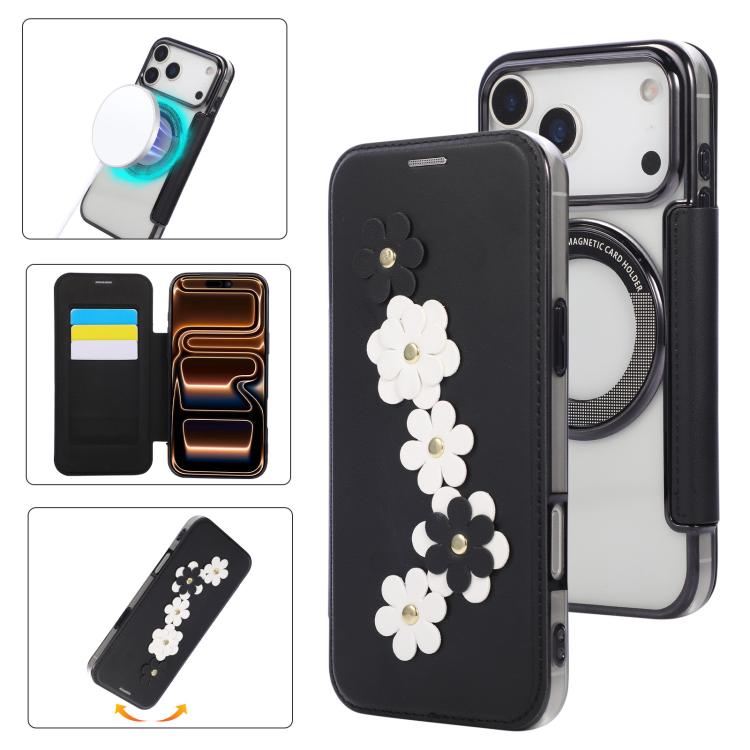 For iPhone 17 Pro Max Floral Magnetic Electroplated Card Holder Vegan Leather Phone Case(Black)