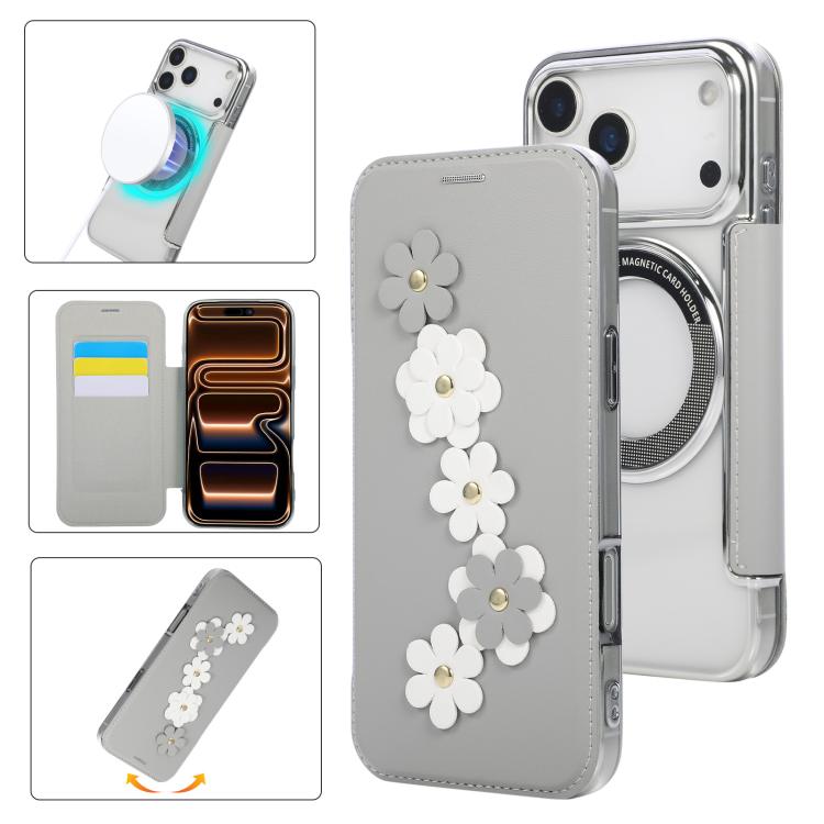 For iPhone 17 Pro Max Floral Magnetic Electroplated Card Holder Vegan Leather Phone Case(Grey White)