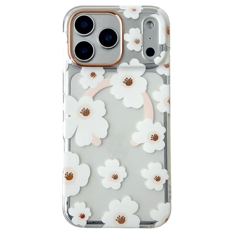 For iPhone 17 Pro Max Floral Pattern TPU + PC Magnetic Phone Case(White Pink)