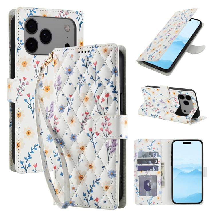 For iPhone 17 Pro Max Flower Pattern Buckle Leather Phone Case with Lanyard(Blue Flowers)