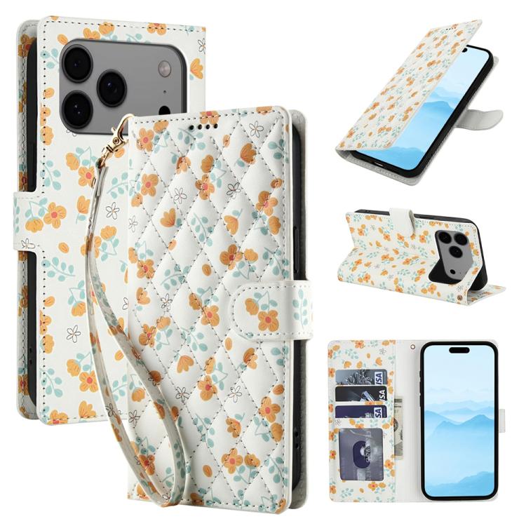 For iPhone 17 Pro Max Flower Pattern Buckle Leather Phone Case with Lanyard(Orange Flowers)
