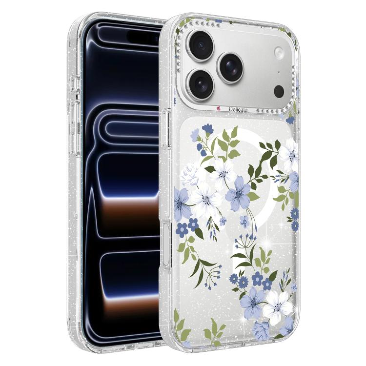 For iPhone 17 Pro Max Flower Pattern IMD Glitter Magnetic Phone Case(Bluebell Flower)