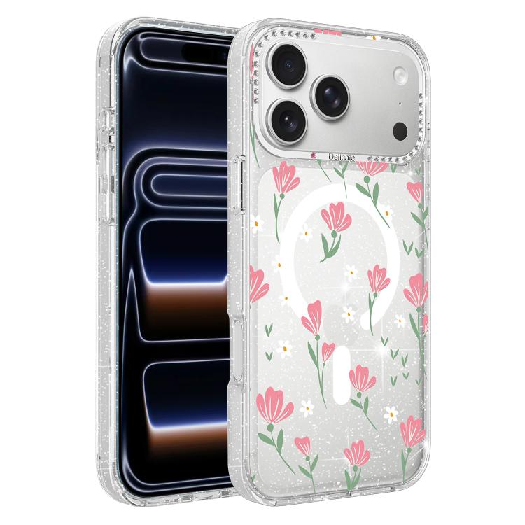 For iPhone 17 Pro Max Flower Pattern IMD Glitter Magnetic Phone Case(Cherry Blossom Bouquet)