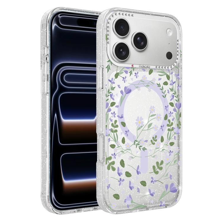 For iPhone 17 Pro Max Flower Pattern IMD Glitter Magnetic Phone Case(Purple Ivy)