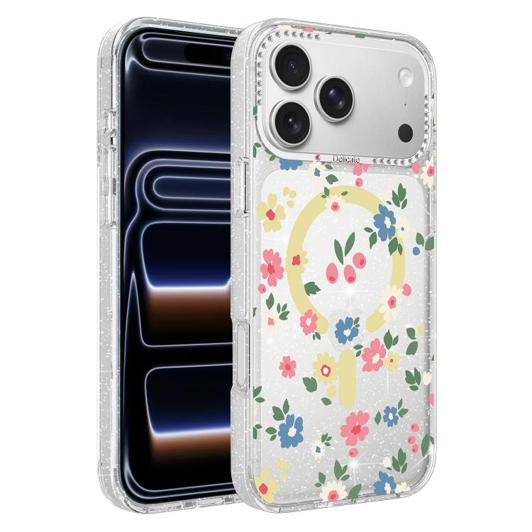 For iPhone 17 Pro Max Flower Pattern IMD Glitter Magnetic Phone Case(Rainbow Flower Field)