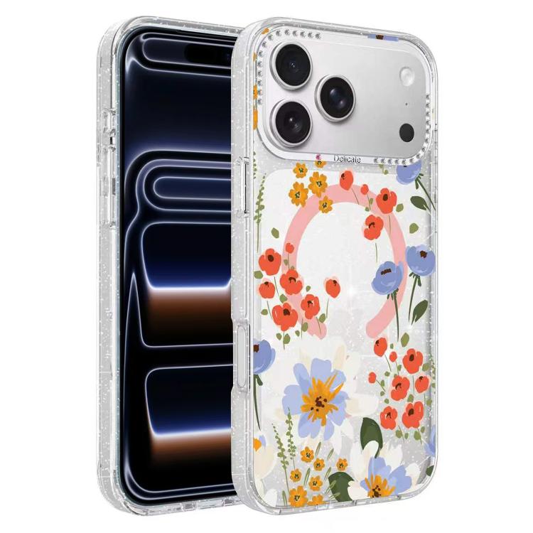 For iPhone 17 Pro Max Flower Pattern IMD Glitter Magnetic Phone Case(Warm Orange Blossom)