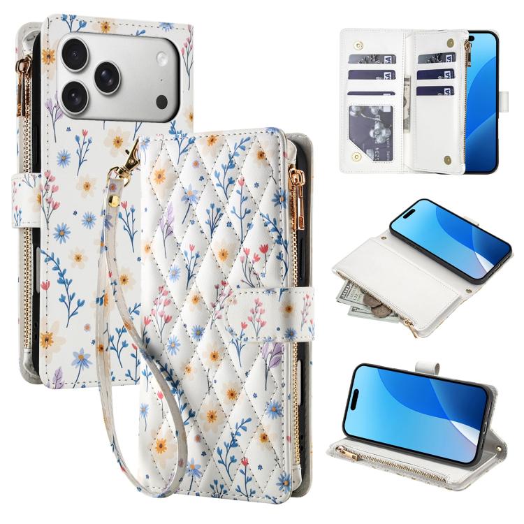 For iPhone 17 Pro Max Flower Pattern Zipper Wallet Vegan Leather Phone Case with Lanyard(Blue Flowers)
