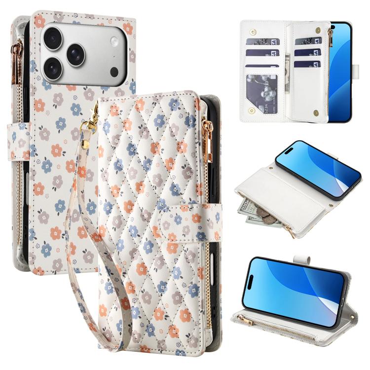 For iPhone 17 Pro Max Flower Pattern Zipper Wallet Vegan Leather Phone Case with Lanyard(Florals)