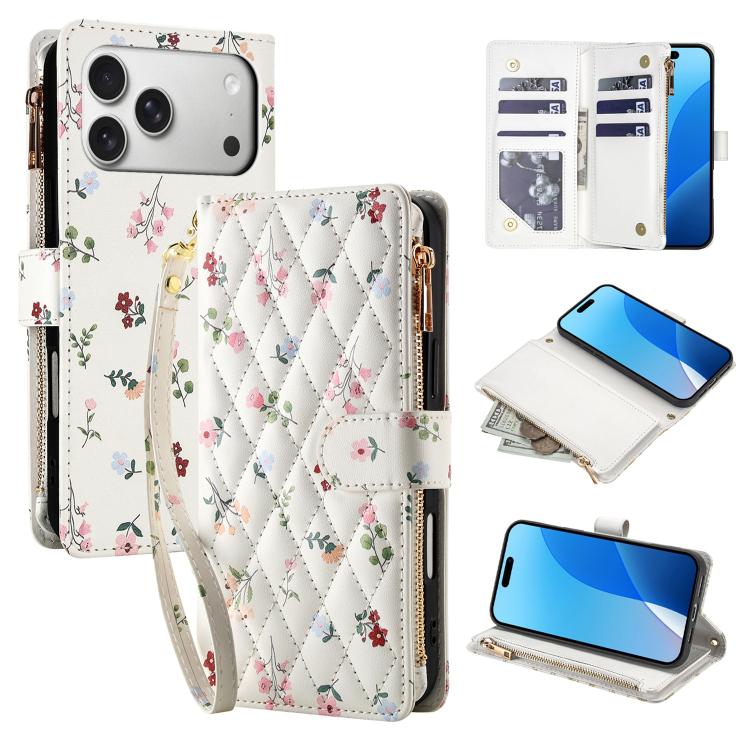 For iPhone 17 Pro Max Flower Pattern Zipper Wallet Vegan Leather Phone Case with Lanyard(Pink Flowers)