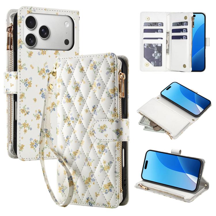 For iPhone 17 Pro Max Flower Pattern Zipper Wallet Vegan Leather Phone Case with Lanyard(Yellow Flowers)
