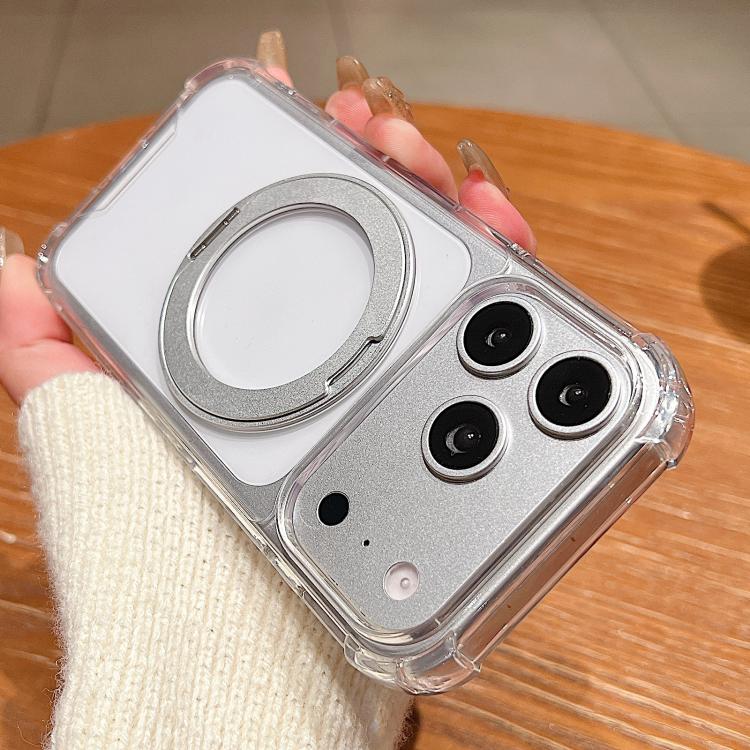 For iPhone 17 Pro Max Four Corner Shockproof Space Magnetic Phone Case with 360 Degrees Rotating Holder(Transparent)
