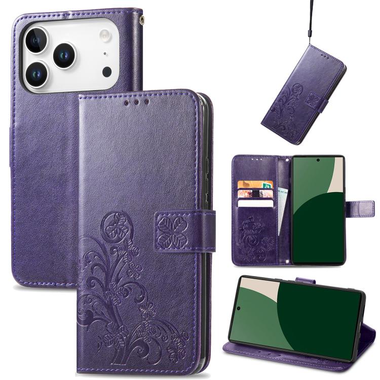 For iPhone 17 Pro Max Four-leaf Clasp Embossed Buckle Leather Phone Case(PUrple)