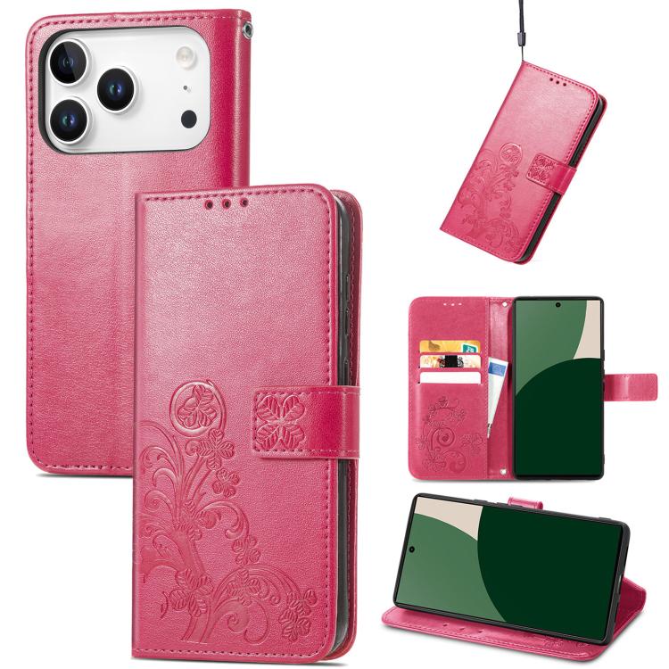 For iPhone 17 Pro Max Four-leaf Clasp Embossed Buckle Leather Phone Case(Rose)