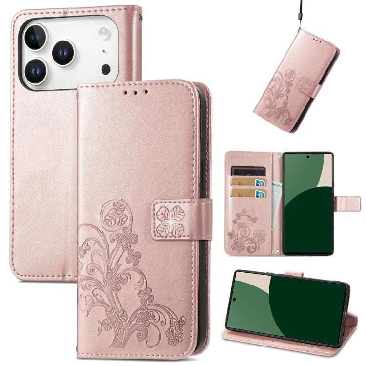 For iPhone 17 Pro Max Four-leaf Clasp Embossed Buckle Leather Phone Case(Rose Gold)