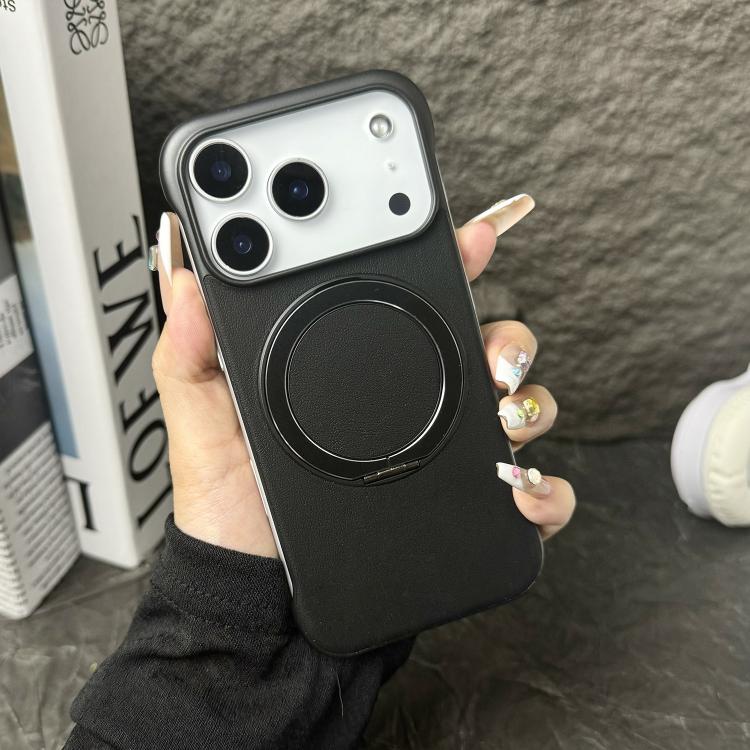 For iPhone 17 Pro Max Frameless Leather-Skin PC MagSafe Holder Phone Case(Black)