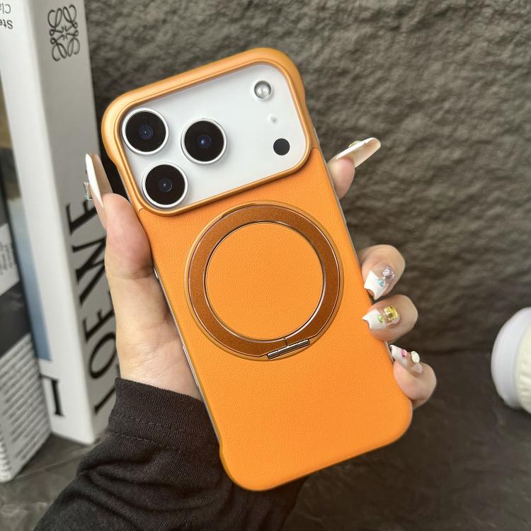 For iPhone 17 Pro Max Frameless Leather-Skin PC MagSafe Holder Phone Case(Orange)