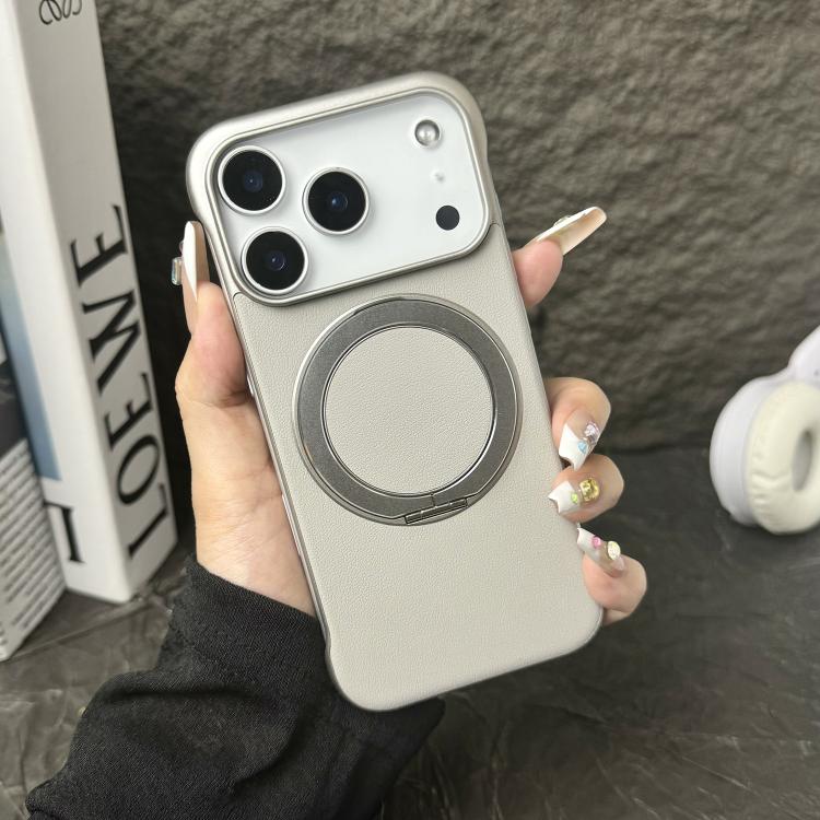 For iPhone 17 Pro Max Frameless Leather-Skin PC MagSafe Holder Phone Case(Titanium gray)