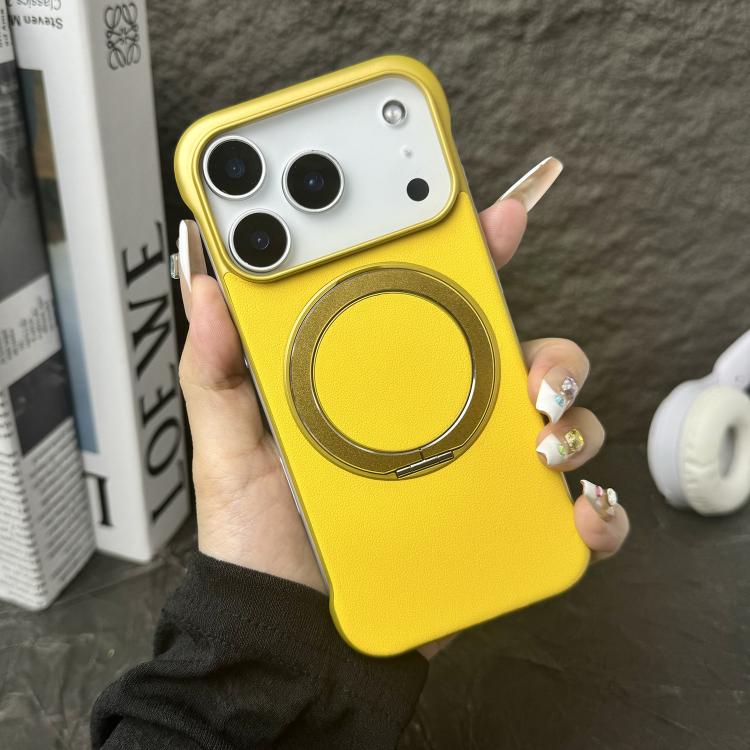 For iPhone 17 Pro Max Frameless Leather-Skin PC MagSafe Holder Phone Case(yellow)