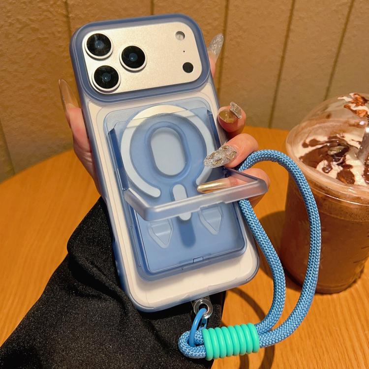 For iPhone 17 Pro Max Frosted Detachable Card Slot Holder Magnetic Phone Case with Wrist Strap(Blue)