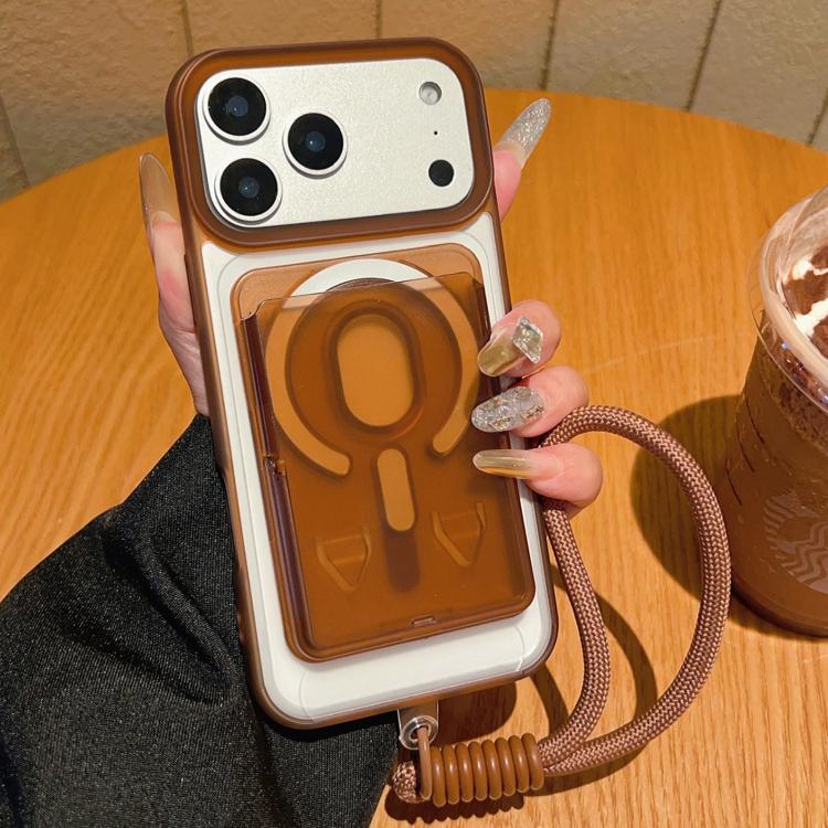 For iPhone 17 Pro Max Frosted Detachable Card Slot Holder Magnetic Phone Case with Wrist Strap(Brown)