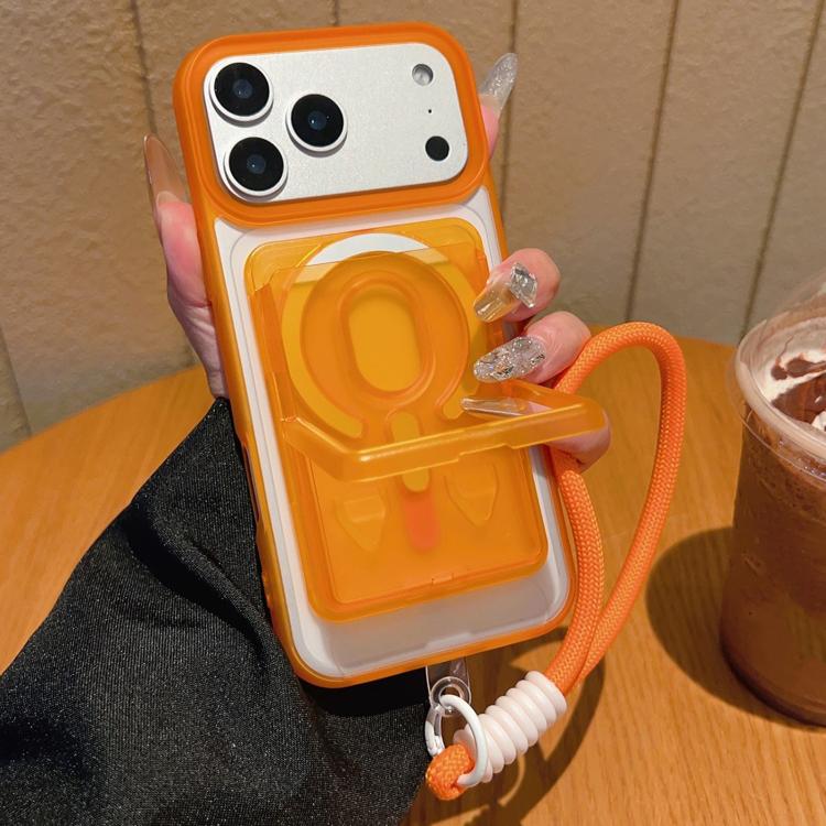 For iPhone 17 Pro Max Frosted Detachable Card Slot Holder Magnetic Phone Case with Wrist Strap(Orange)