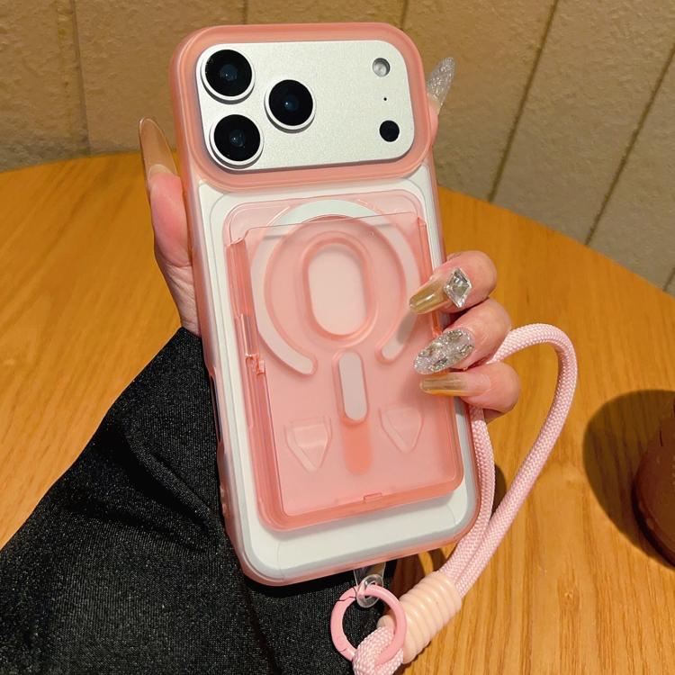 For iPhone 17 Pro Max Frosted Detachable Card Slot Holder Magnetic Phone Case with Wrist Strap(Pink)