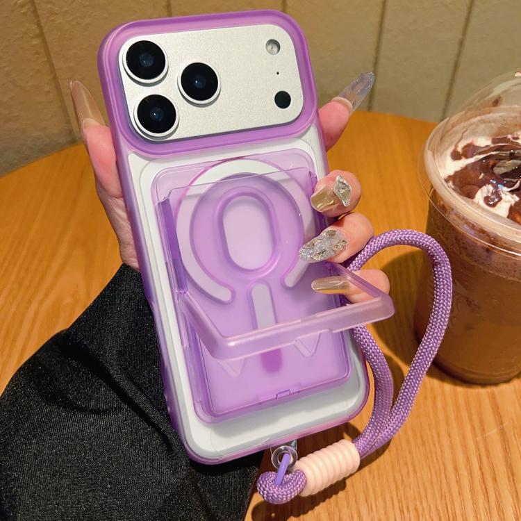 For iPhone 17 Pro Max Frosted Detachable Card Slot Holder Magnetic Phone Case with Wrist Strap(Purple)