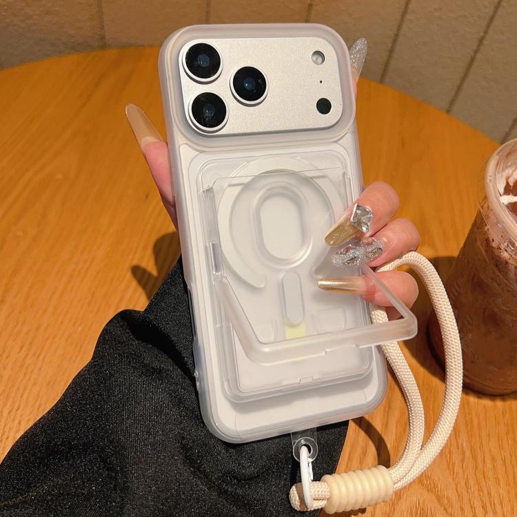 For iPhone 17 Pro Max Frosted Detachable Card Slot Holder Magnetic Phone Case with Wrist Strap(White)