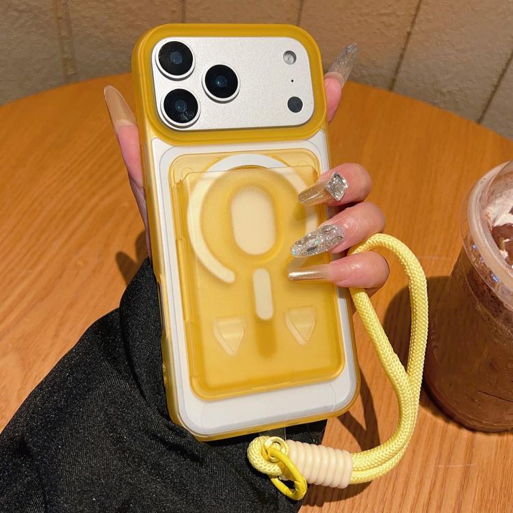 For iPhone 17 Pro Max Frosted Detachable Card Slot Holder Magnetic Phone Case with Wrist Strap(Yellow)