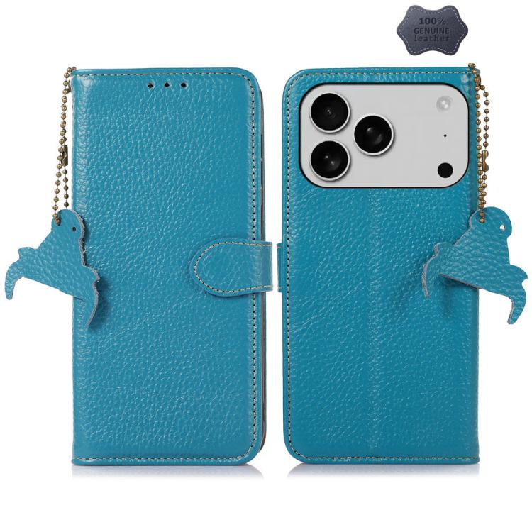 For iPhone 17 Pro Max Genuine Leather Litchi Texture RFID Leather Phone Case(Blue)