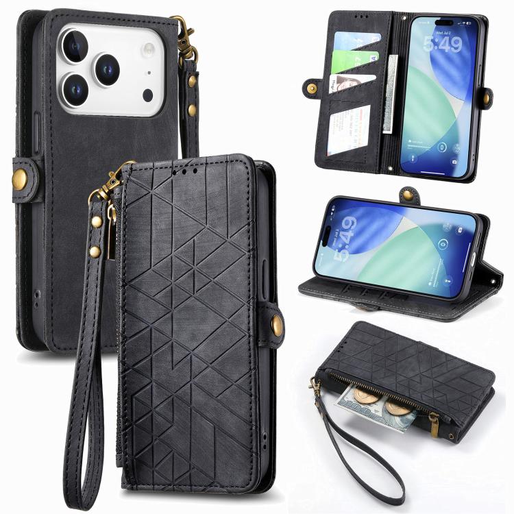 For iPhone 17 Pro Max Geometric Zipper Wallet Side Buckle Leather Phone Case(Black)