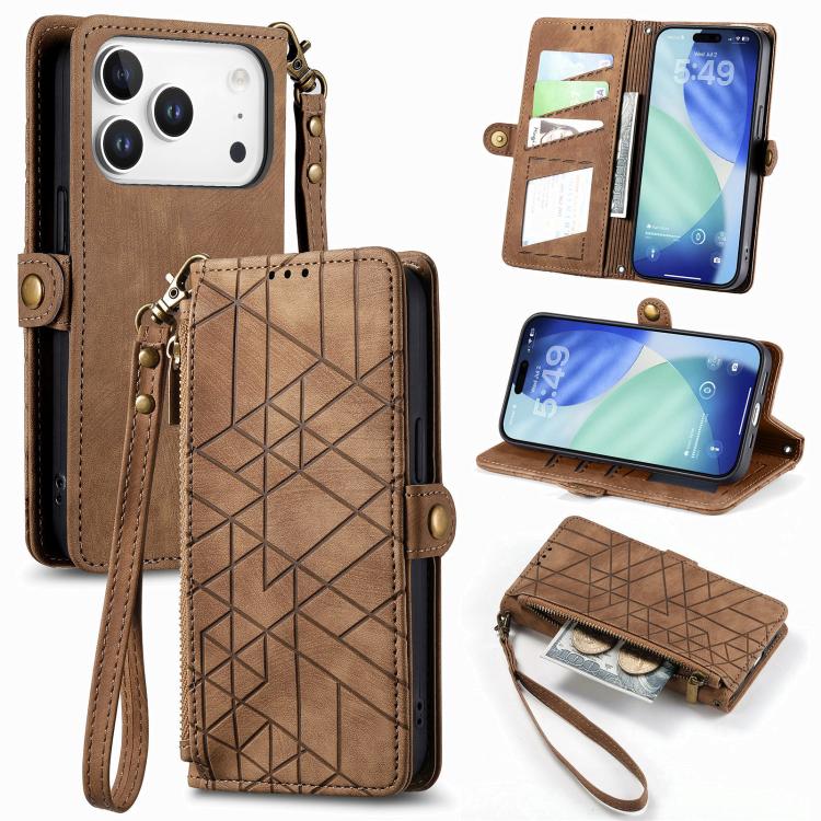 For iPhone 17 Pro Max Geometric Zipper Wallet Side Buckle Leather Phone Case(Brown)