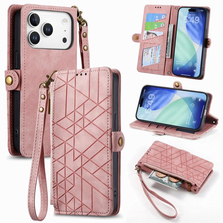 For iPhone 17 Pro Max Geometric Zipper Wallet Side Buckle Leather Phone Case(Pink)