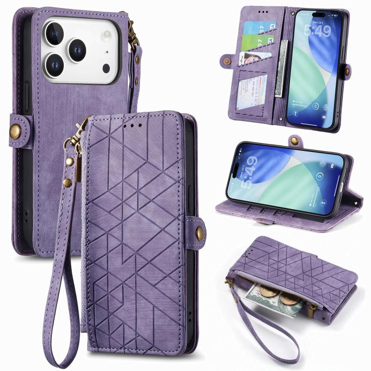For iPhone 17 Pro Max Geometric Zipper Wallet Side Buckle Leather Phone Case(Purple)