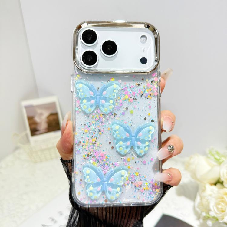 For iPhone 17 Pro Max Glitter 3D Butterfly Epoxy Resin Phone Case(Blue)